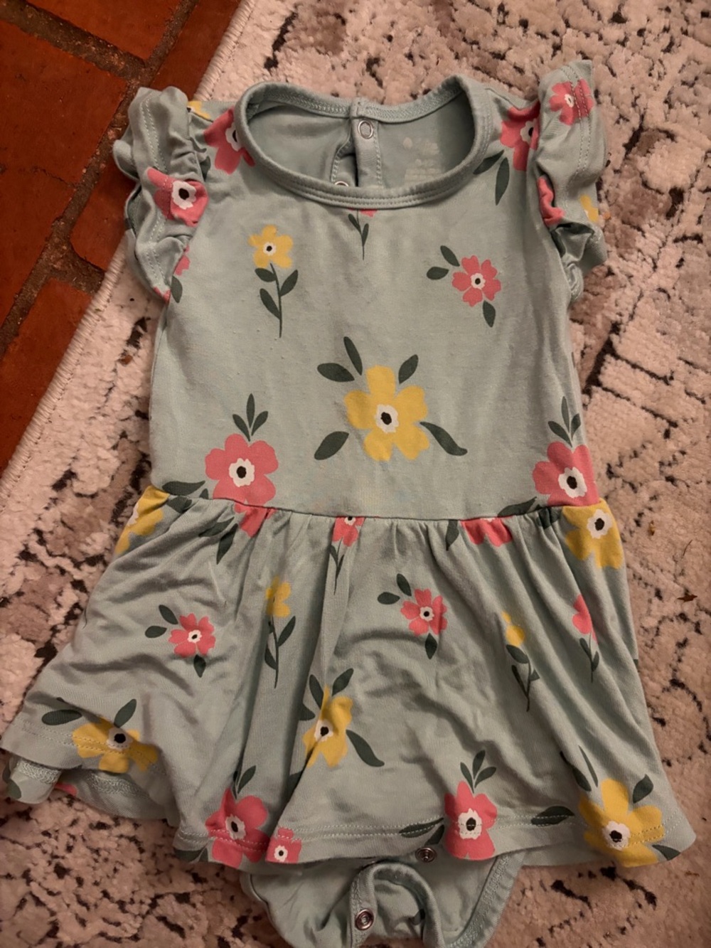 Kyte BABY Mint Floral Flutter-Sleeve Dress Bodysuit with Pink & Yellow Flowers